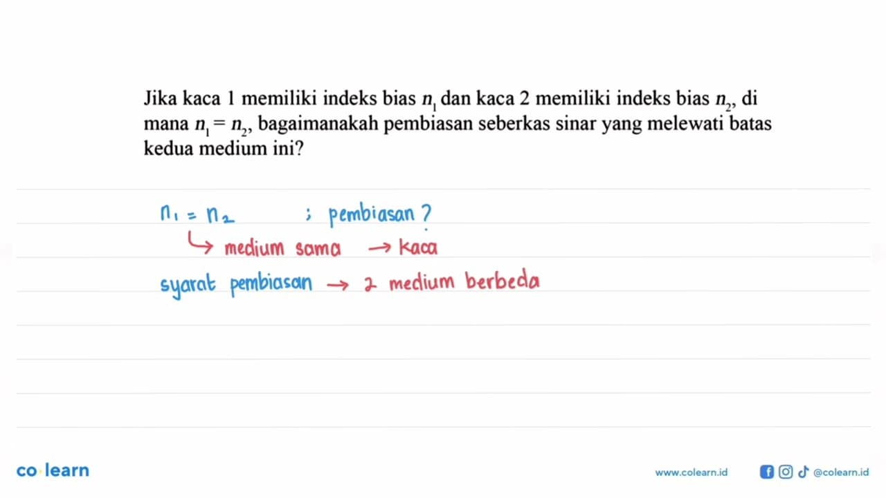 Jika kaca 1 memiliki indeks bias n1 dan kaca 2 memiliki