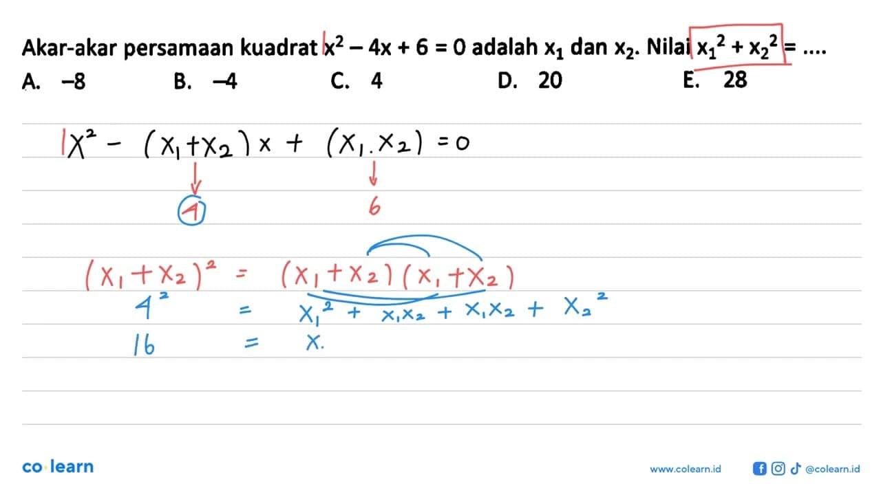 Akar-akar persamaan kuadrat x^2 - 4x + 6 = 0 adalah x1 dam