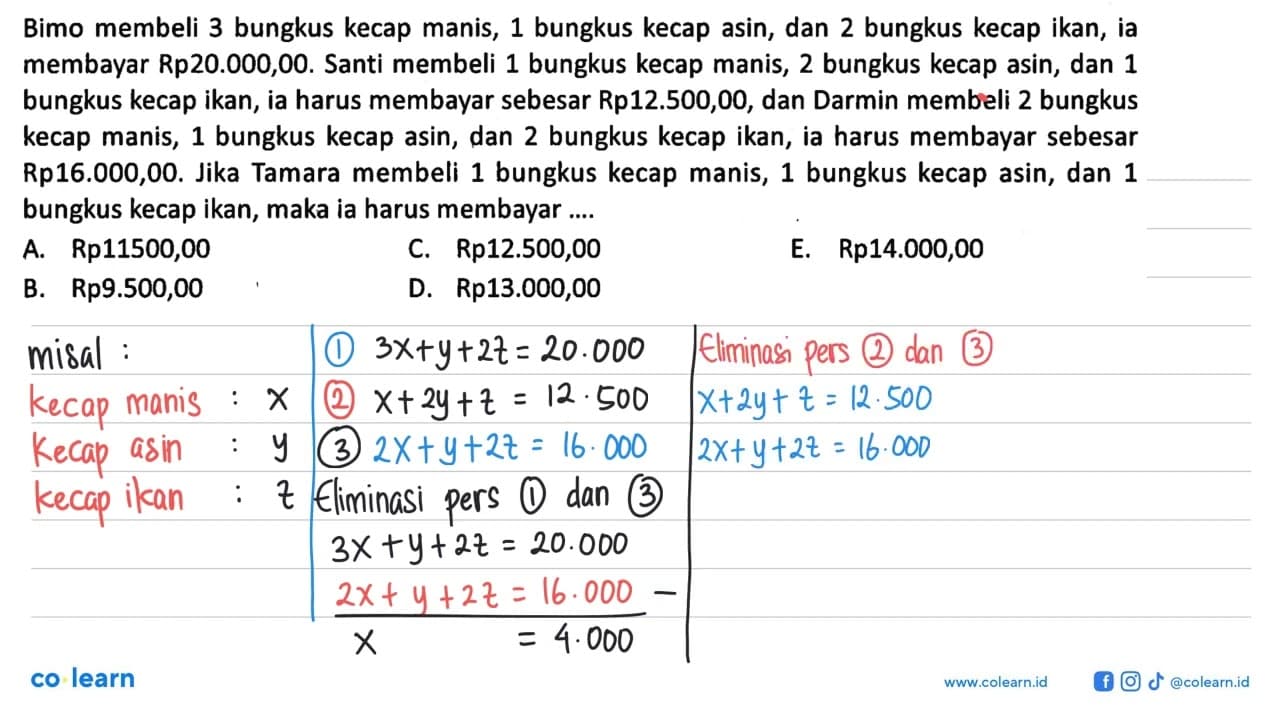 Bimo membeli 3 bungkus kecap manis, 1 bungkus kecap asin,