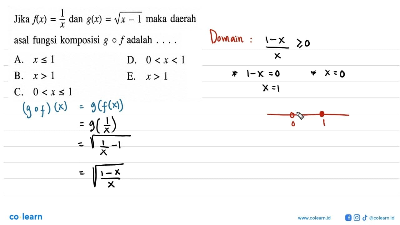 Jika f(x)=1/x dan g(x)=akar(x-1) maka daerah asal fungsi