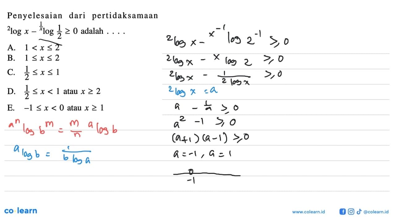 Penyelesaian dari pertidaksamaan 2logx-1/xlog1/2>=0 adalah