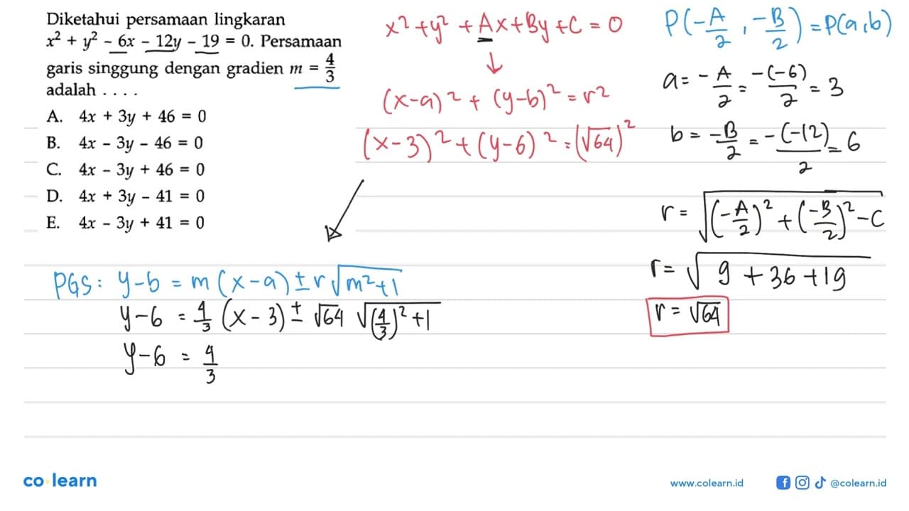 Diketahui persamaan lingkaran x^2+y^2-6 x-12 y-19=0.