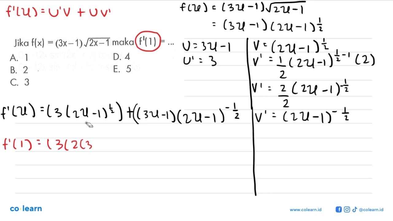 Jika f(x)=(3 x-1) akar(2) x-1 maka f'(1)=...