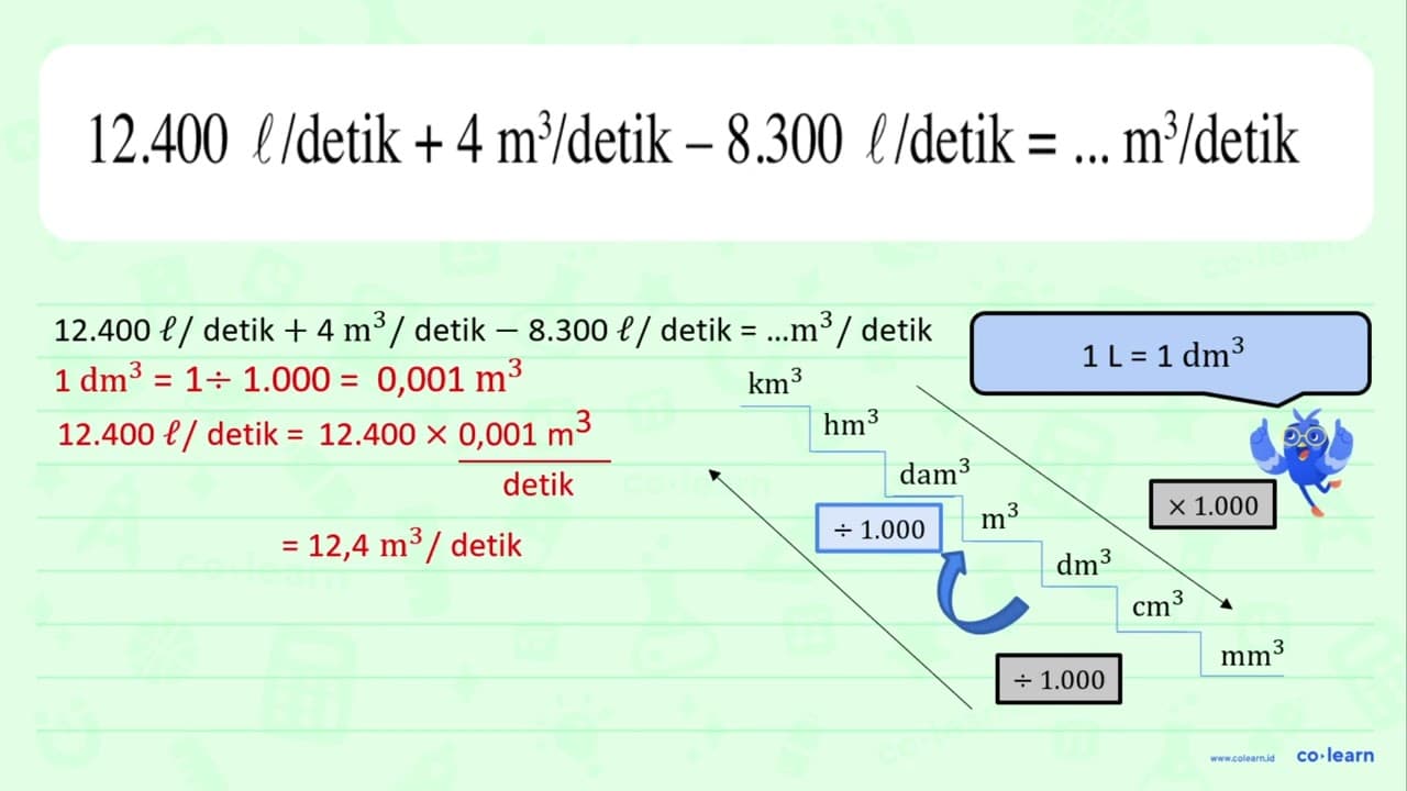 12.400 I / detik + 4 m^3 / detik - 8.300 l / detik = ...