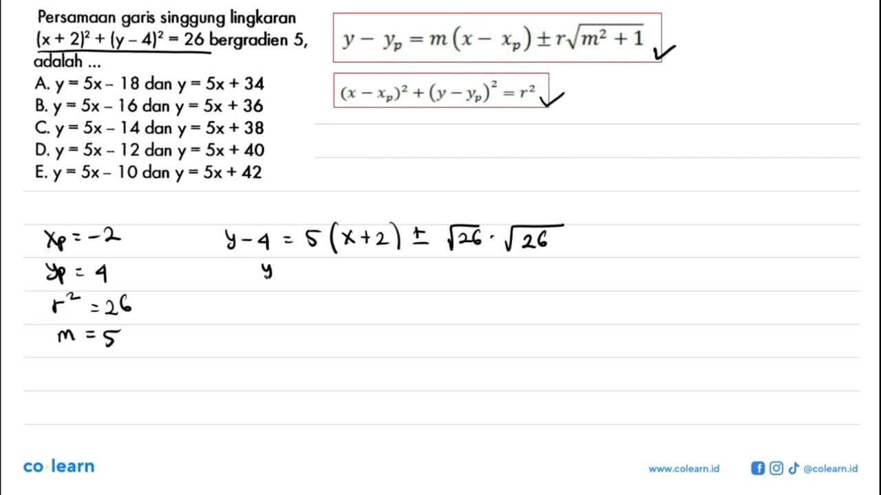 Persamaan garis singgung lingkaran (x+2)^2+(y-4)^2=26
