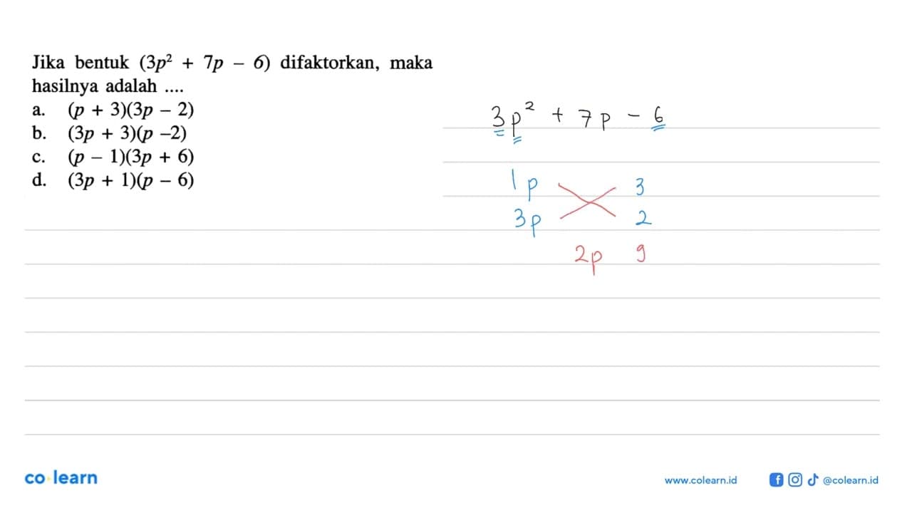 Jika bentuk (3p^2 + 7p - 6) difaktorkan, maka hasilnya