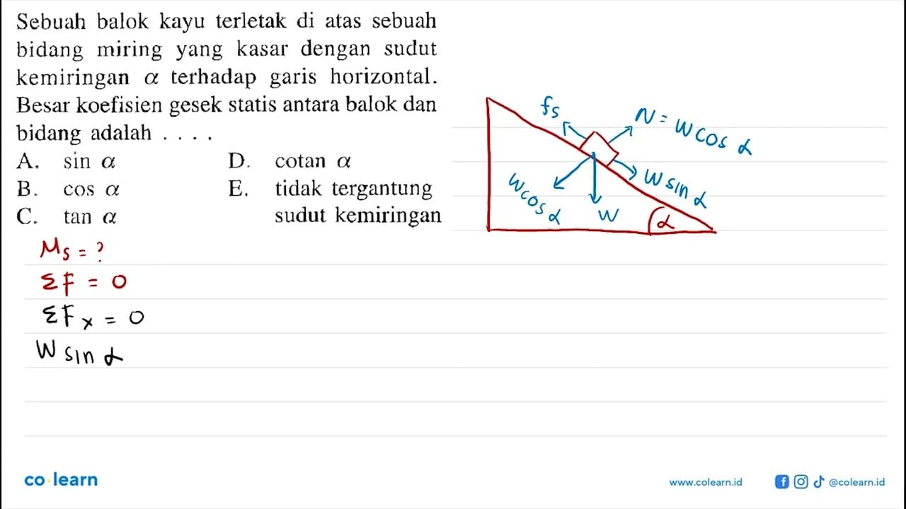 Sebuah balok kayu terletak di atas sebuah bidang miring