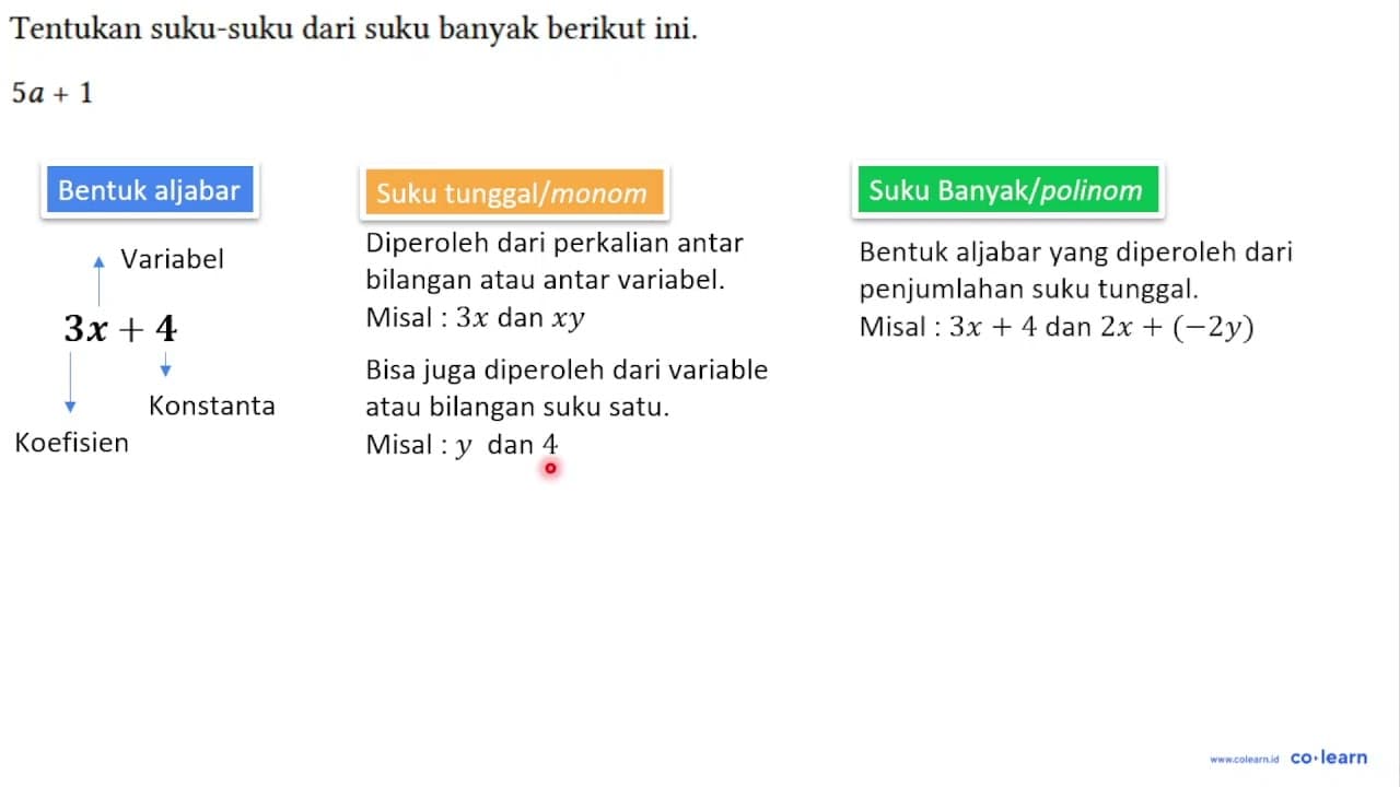 Tentukan suku-suku dari suku banyak berikut ini. 5a + 1