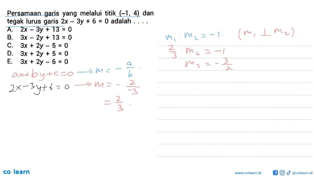 Persamaan garis yang melalui titik (-1, 4) dan tegak lurus