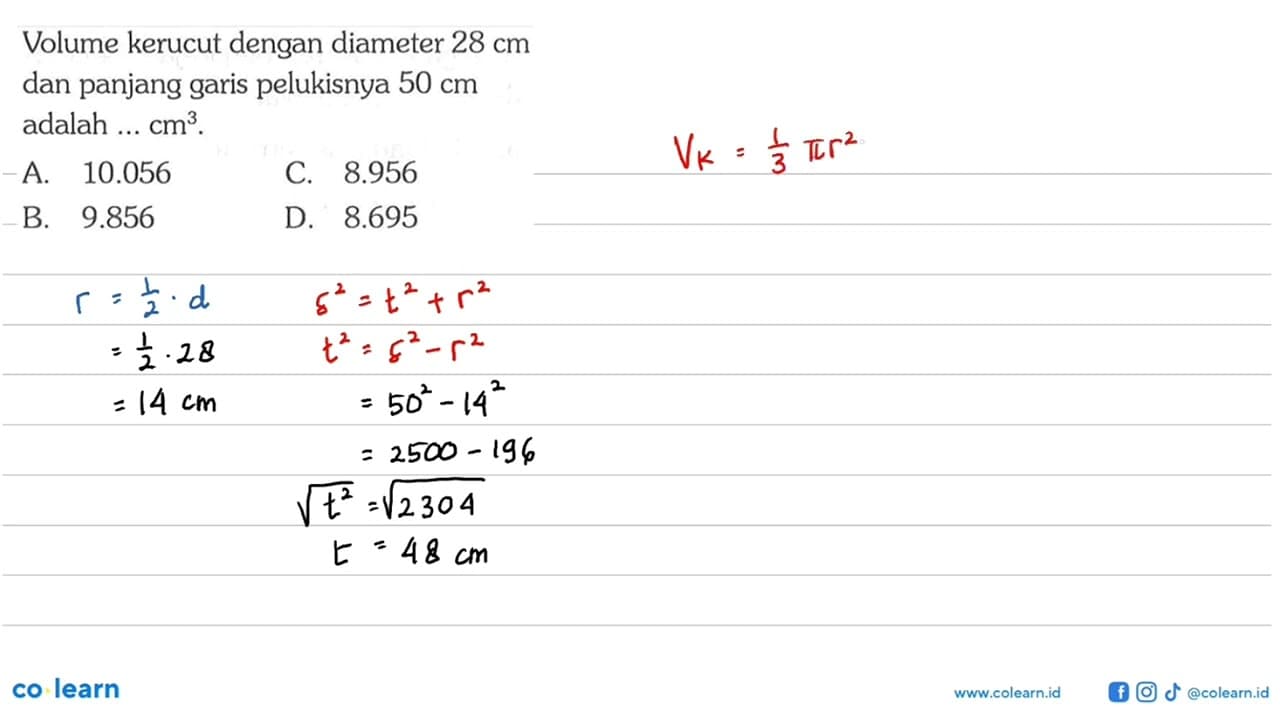 Volume kerucut dengan diameter 28 cm dan panjang garis
