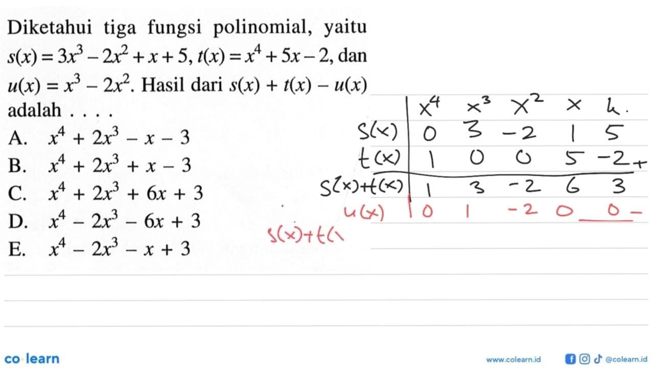 Diketahui tiga fungsi polinomial, yaitu s(x)=3x^3-2x^2+x+5,