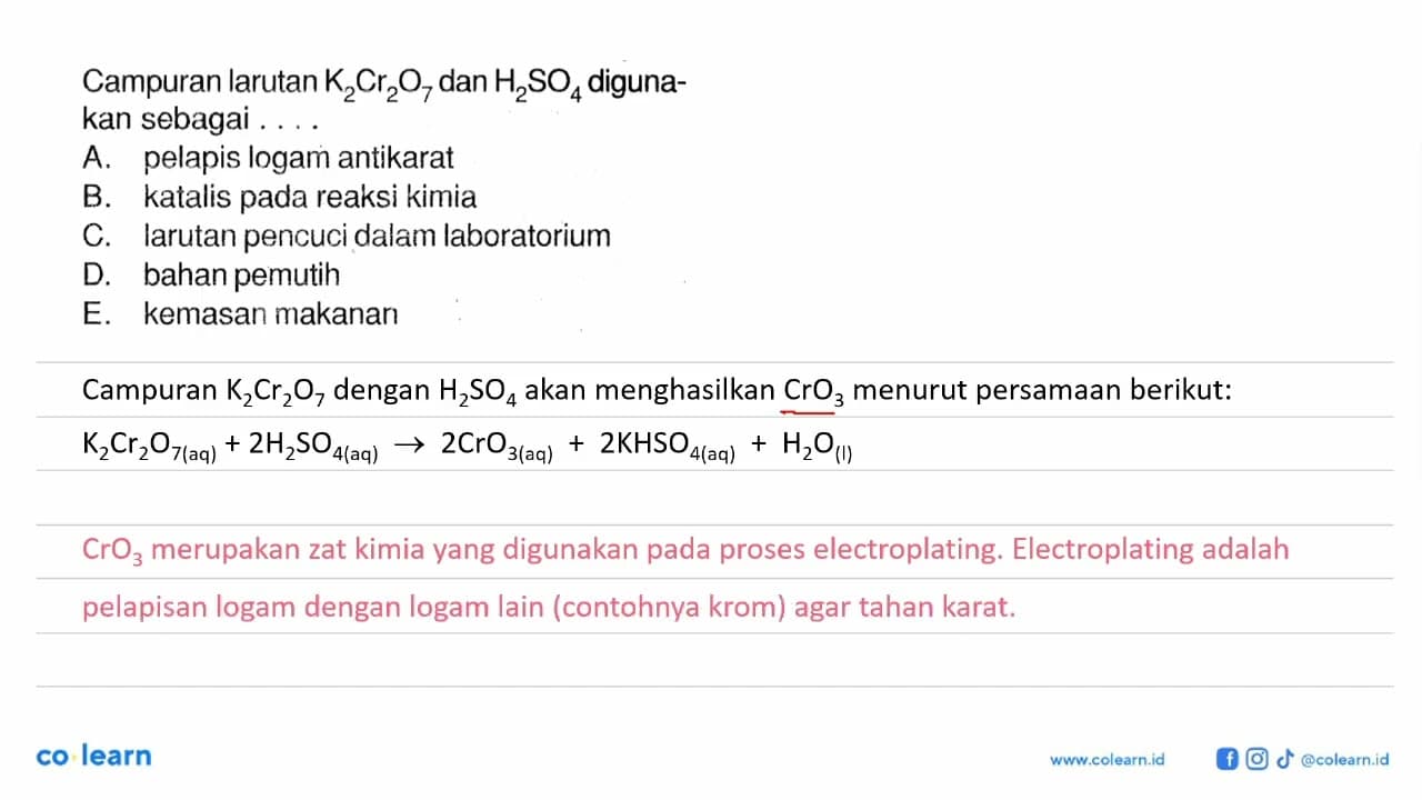 Campuran larutan K2Cr2O7 dan H2SO4 digunakan sebagai ....