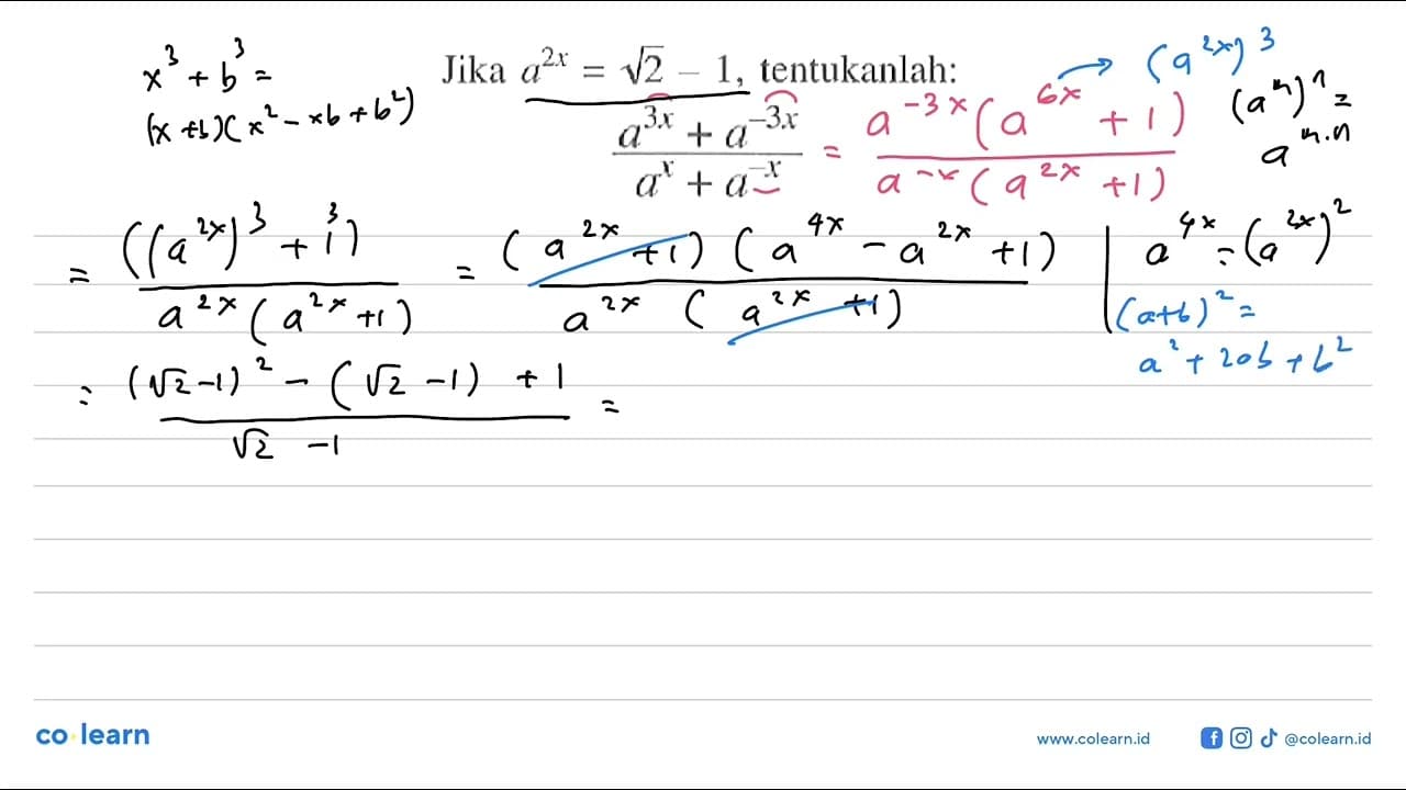 Jika a^(2x)=akar(2)-1, tentukanlah: