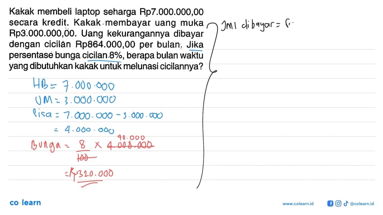 Kakak membeli laptop seharga Rp7.000.000,00 secara kredit.