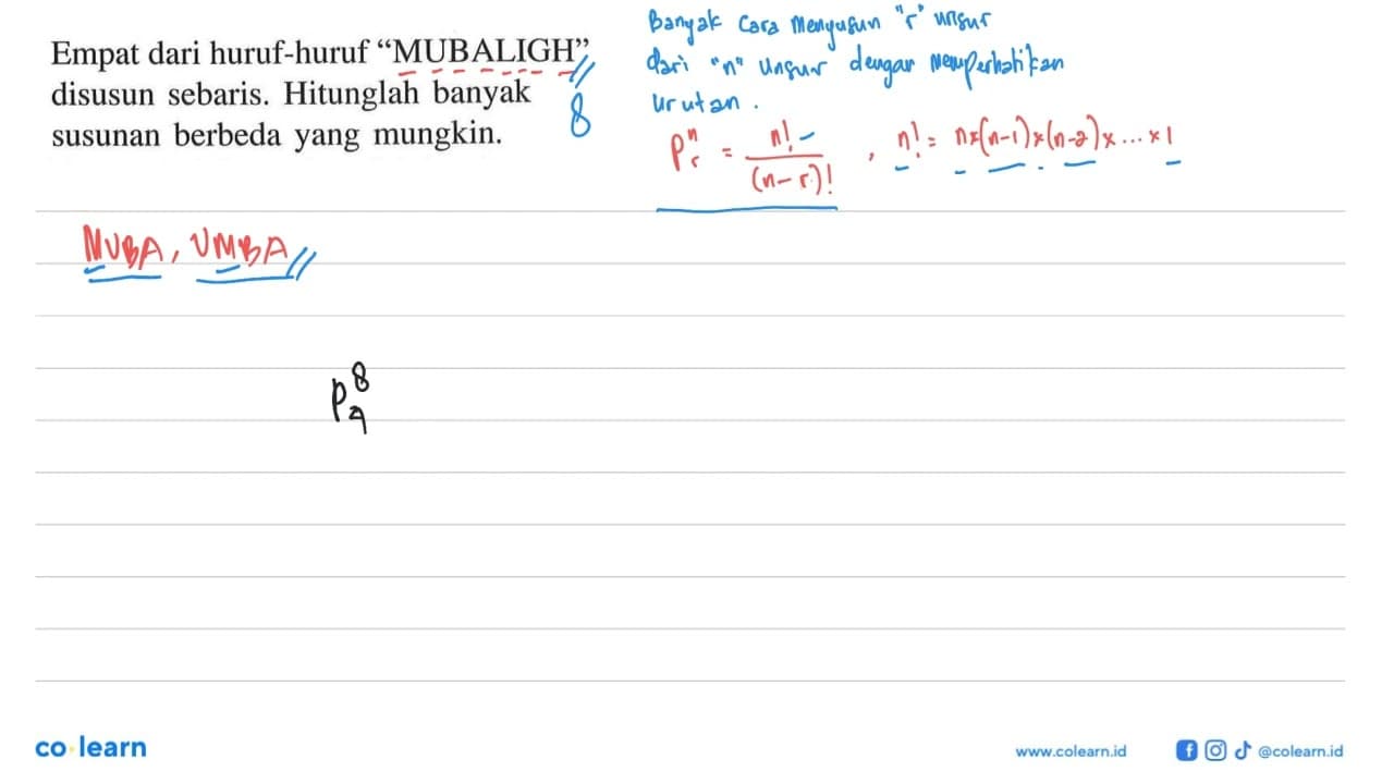 Empat dari huruf-huruf 'MUBALIGH' disusun sebaris.