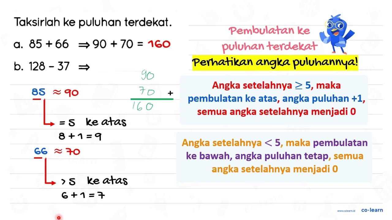 Taksirlah ke puluhan terdekat. a. 85+66 -> 90+70= b. 128-37