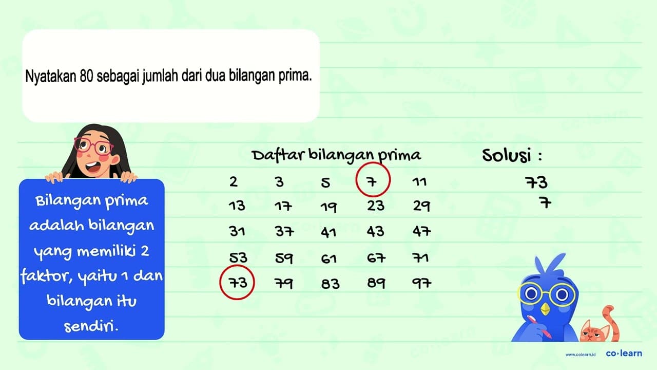 Nyatakan 80 sebagai jumlah dari dua bilangan prima.