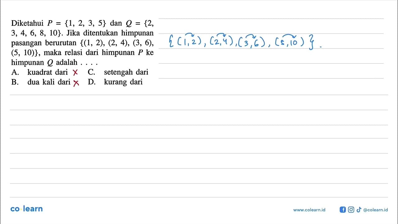 Diketahui P = {1, 2, 3, 5} dan Q = {2, 3, 4, 5, 6, 8, 10}.