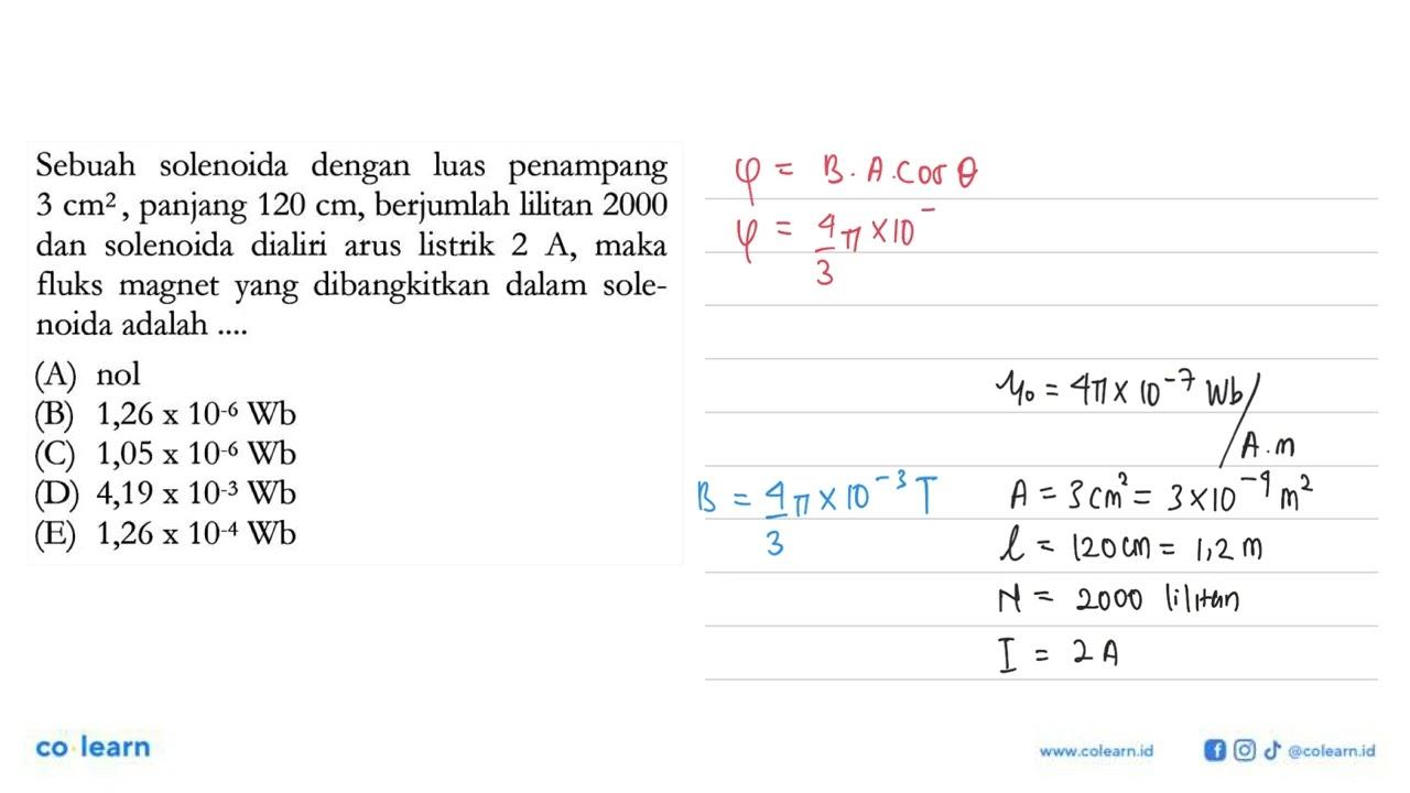 Sebuah solenoida dengan luas penampang 3 cm^2, panjang 120