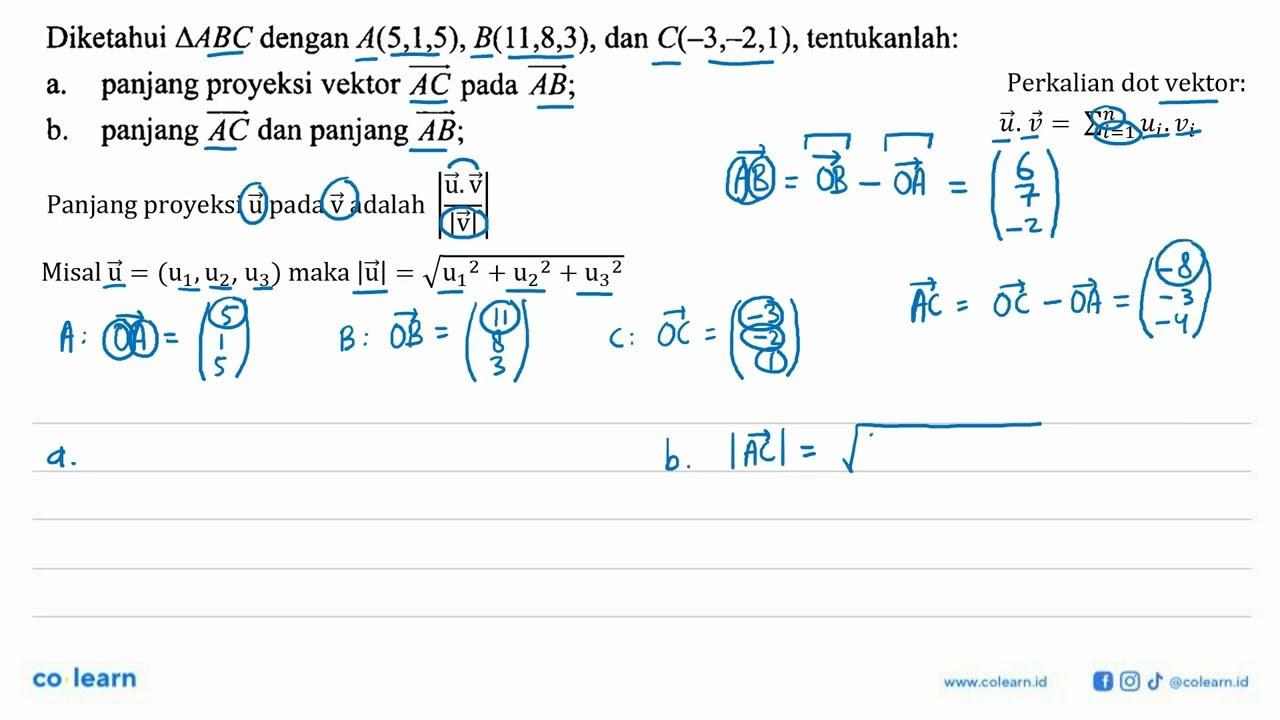 Diketahui segitiga ABC dengan A(5, 1, 5), B(11, 8, 3), dan