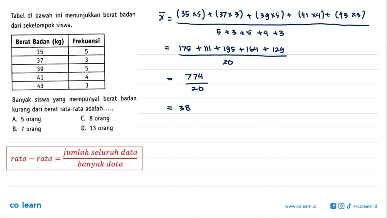 Tabel di bawah ini menunjukkan berat badan dari sekelompok