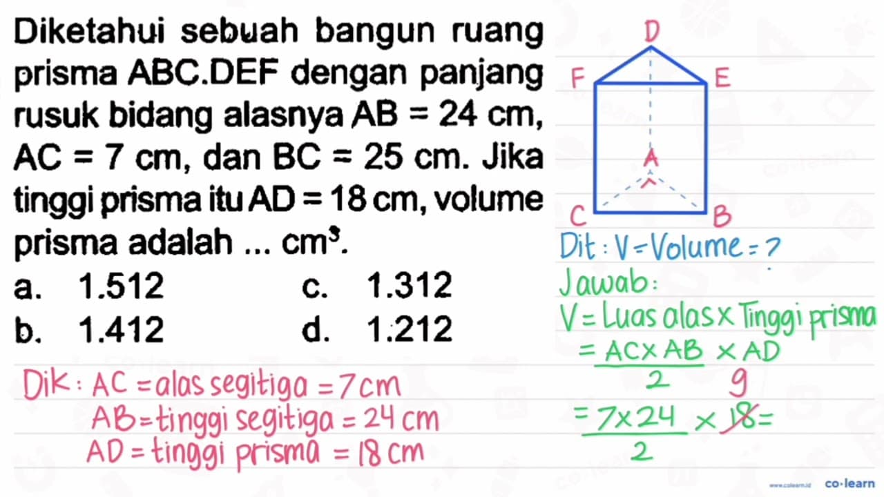 Diketahui sebuah bangun ruang prisma ABC.DEF dengan panjang