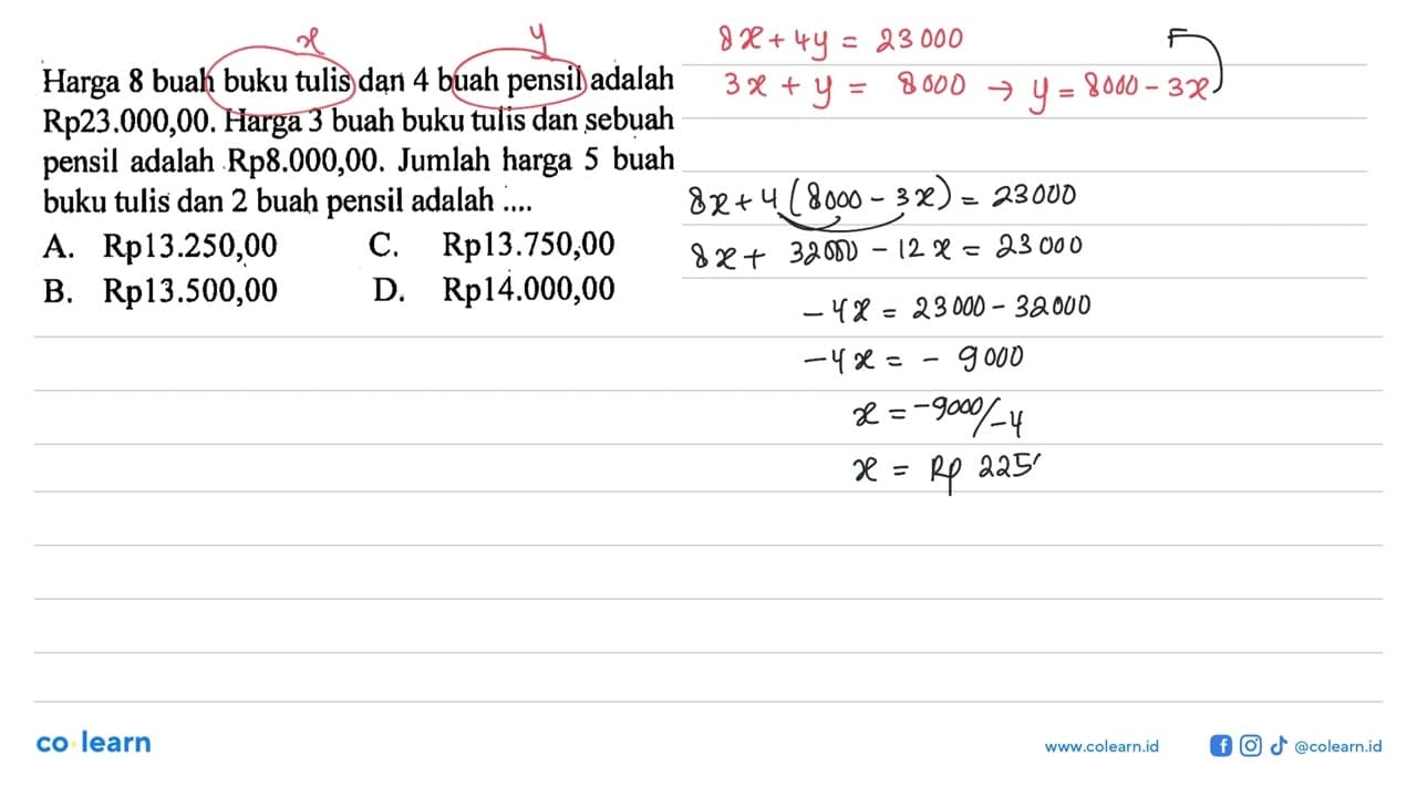 Harga 8 buah buku tulis dan 4 buah pensil adalah