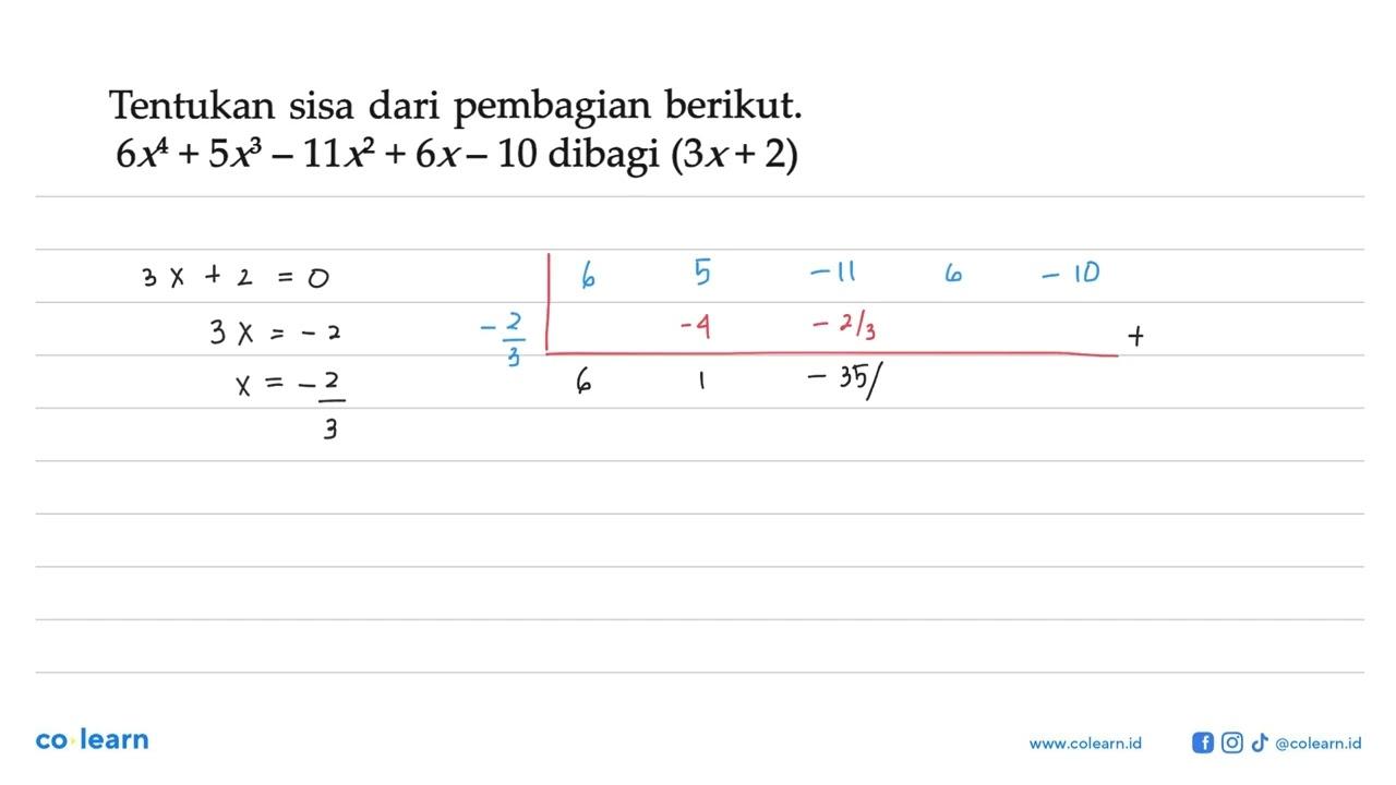 Tentukan sisa dari pembagian berikut: 6x^4 + 5x^3- 11x^2