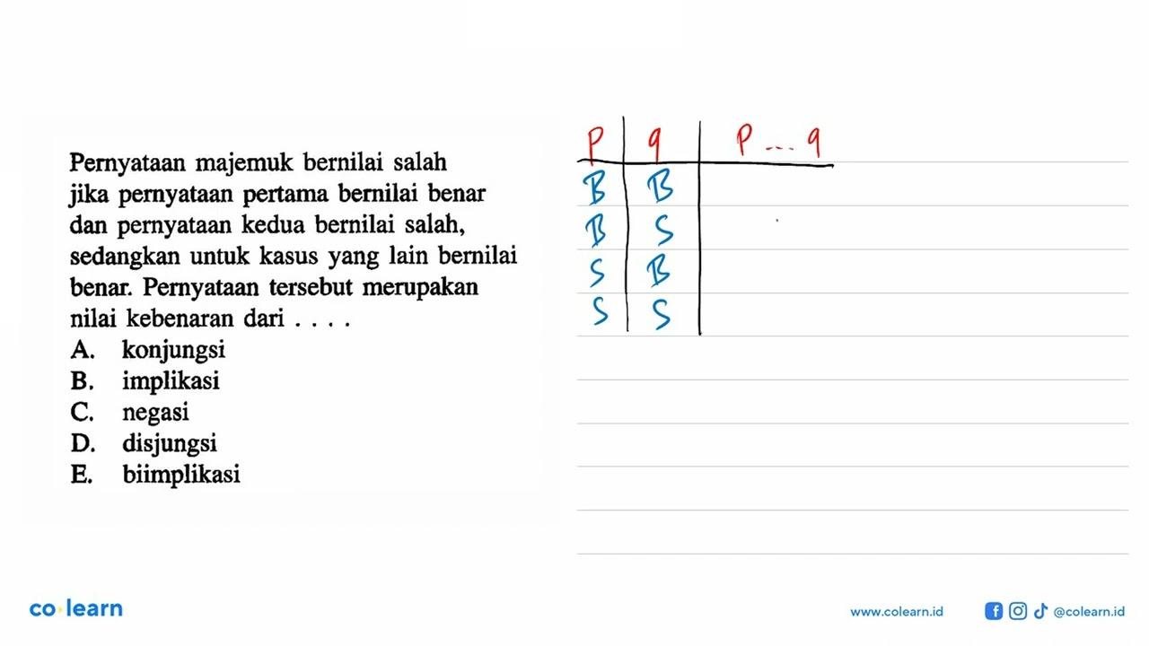 Pernyataan majemuk bernilai salah jika pernyataan pertama