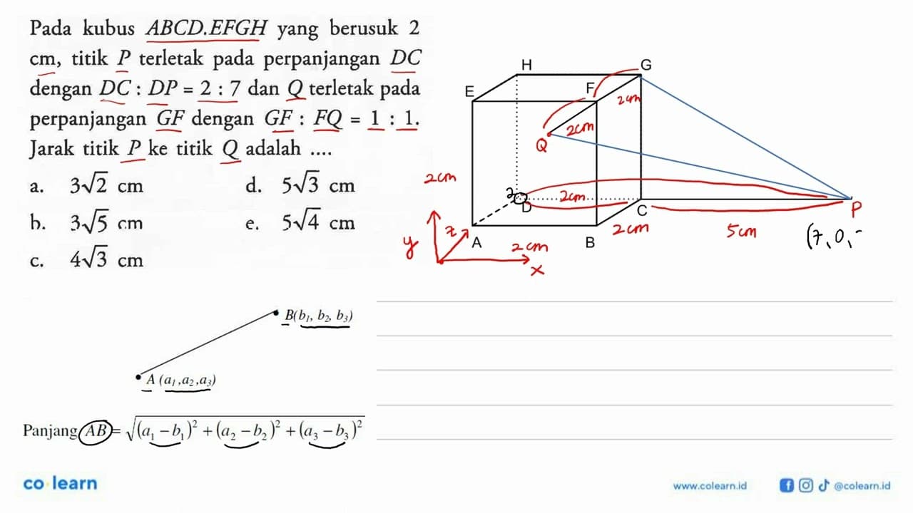 Pada kubus ABCD.EFGH yang berusuk 2 cm, titik P terletak