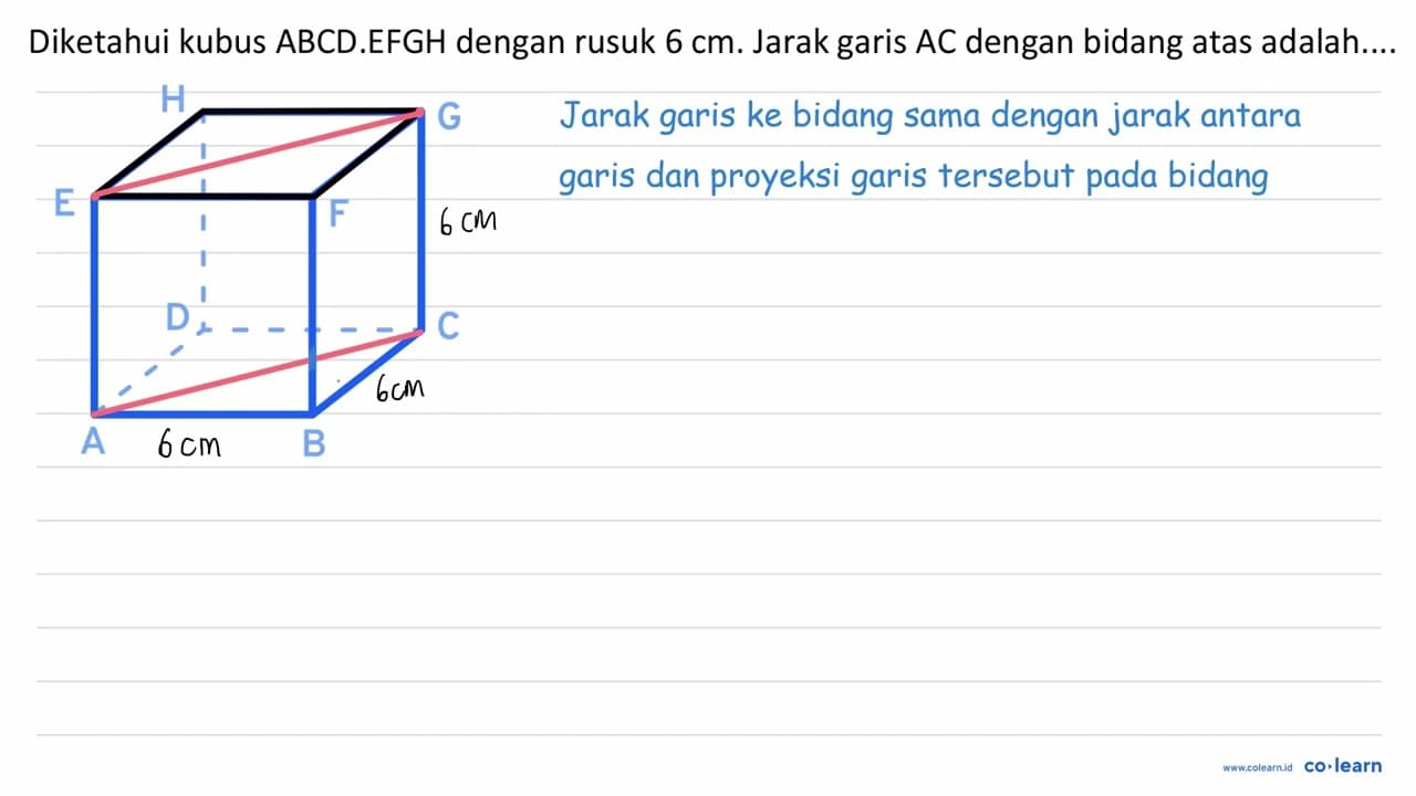 Diketahui kubus ABCD.EFGH dengan rusuk 6 cm . Jarak garis A