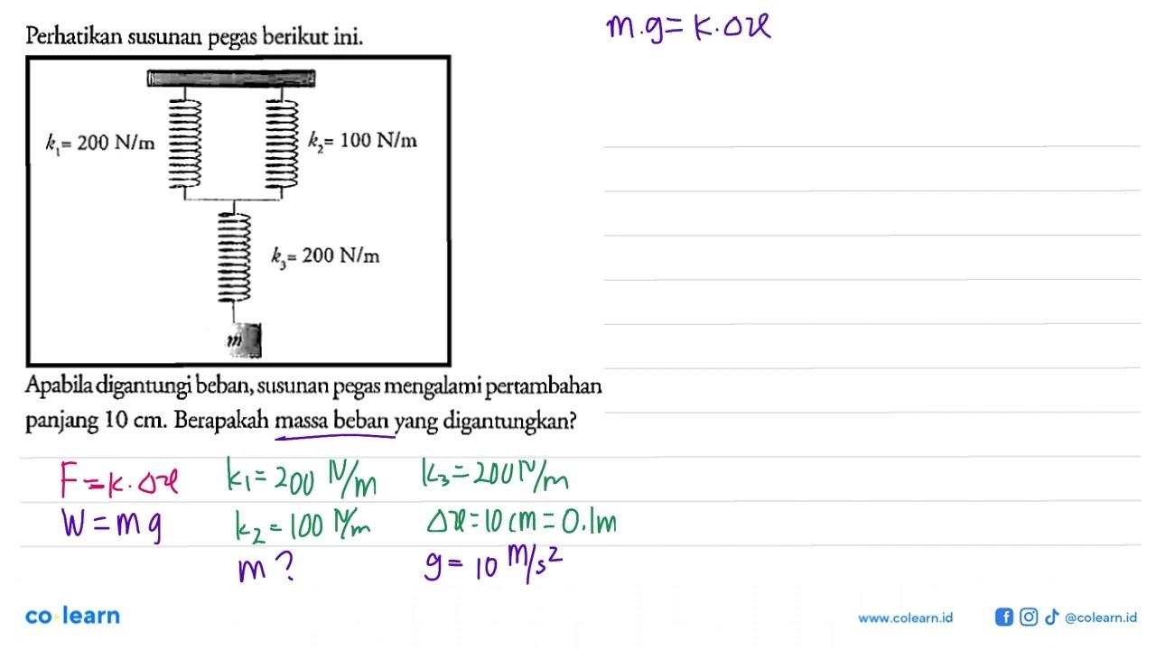 Perhatikan susunan pegas berikut ini. k1 = 200 N/m k2 = 100