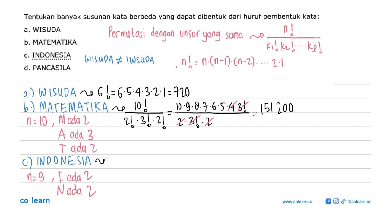 Tentukan banyak susunan kata berbeda yang dapat dibentuk