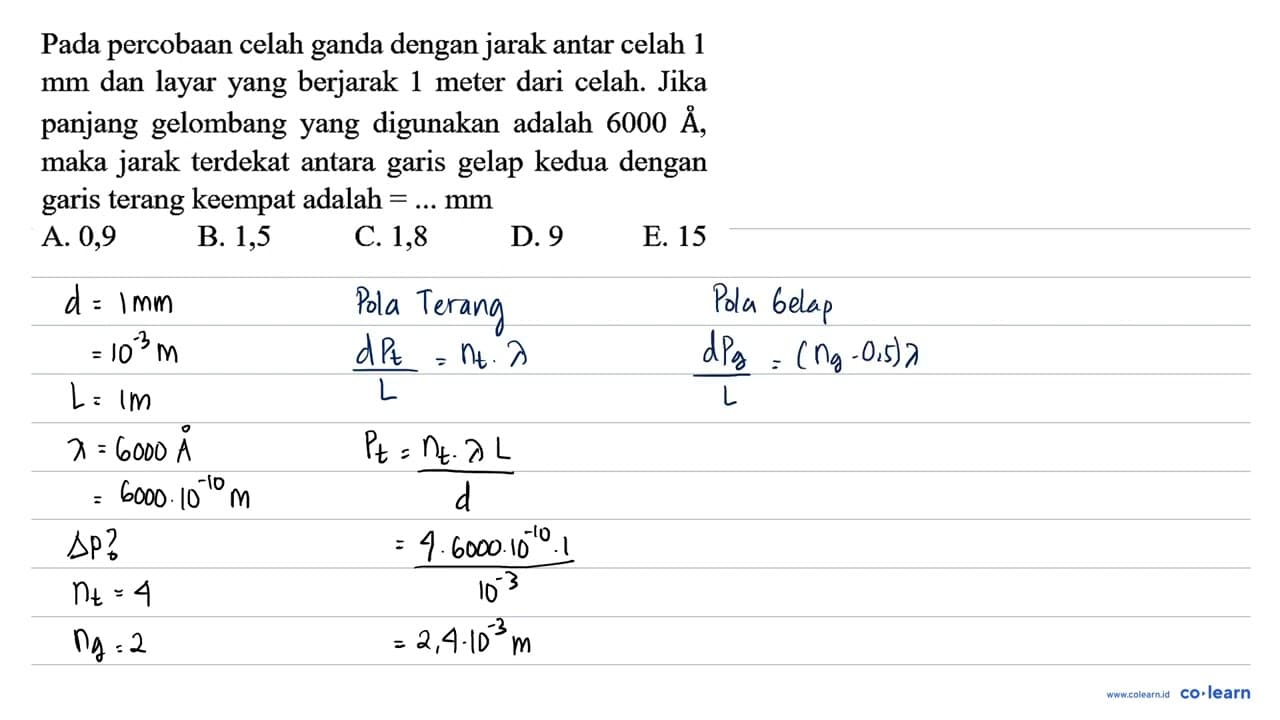 Pada percobaan celah ganda dengan jarak antar celah 1 mm