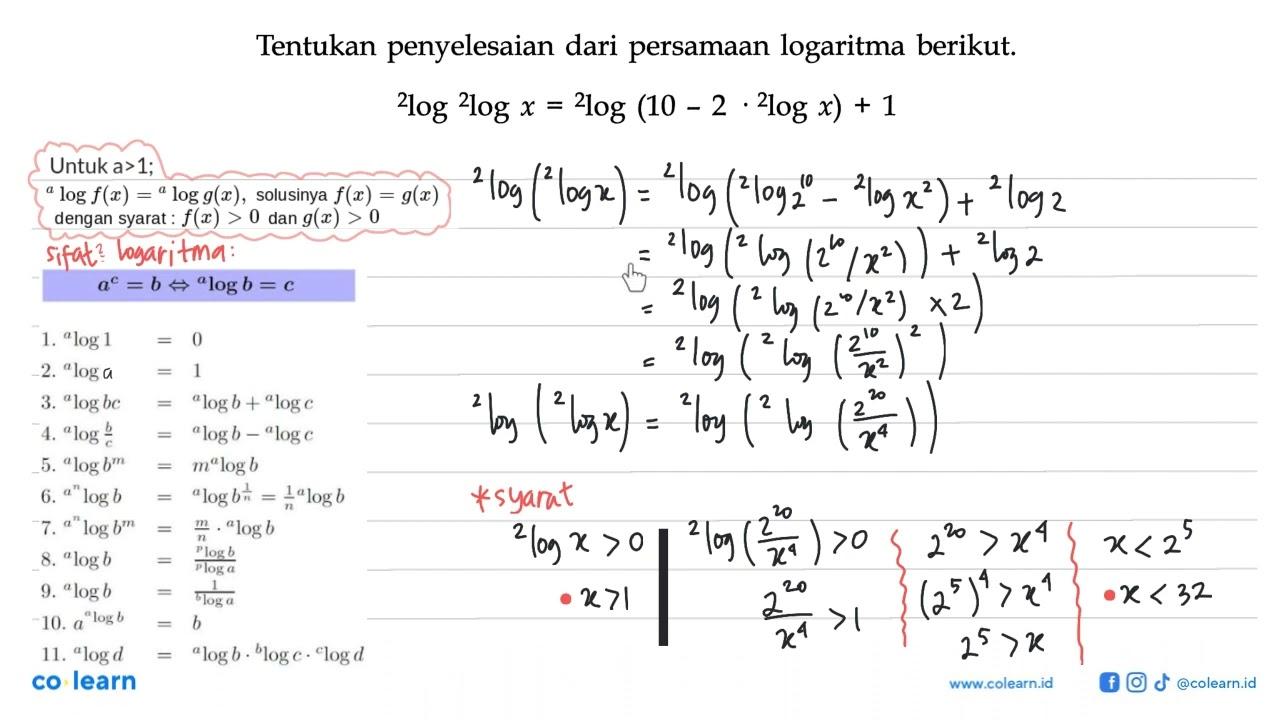 Tentukan penyelesaian dari persamaan logaritma berikut.