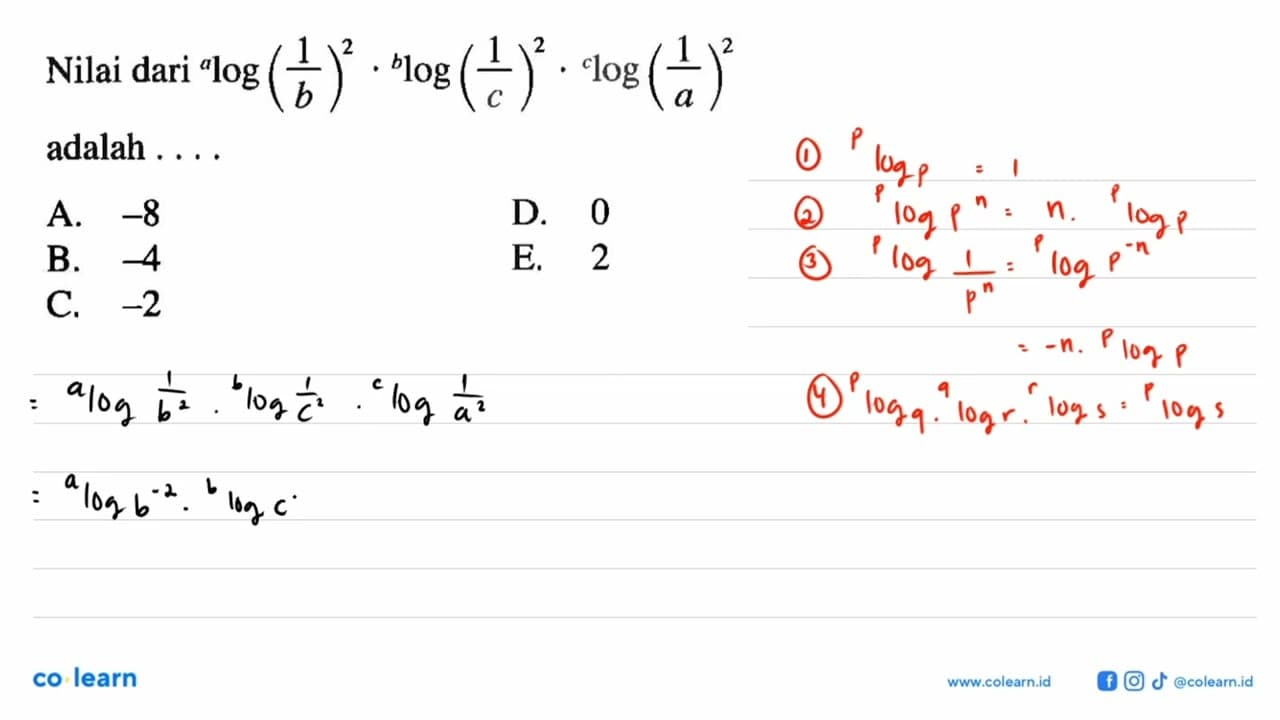 Nilai dari alog(1/b)^2.blog(1/c)^2.clog(1/a)^2 adalah ...