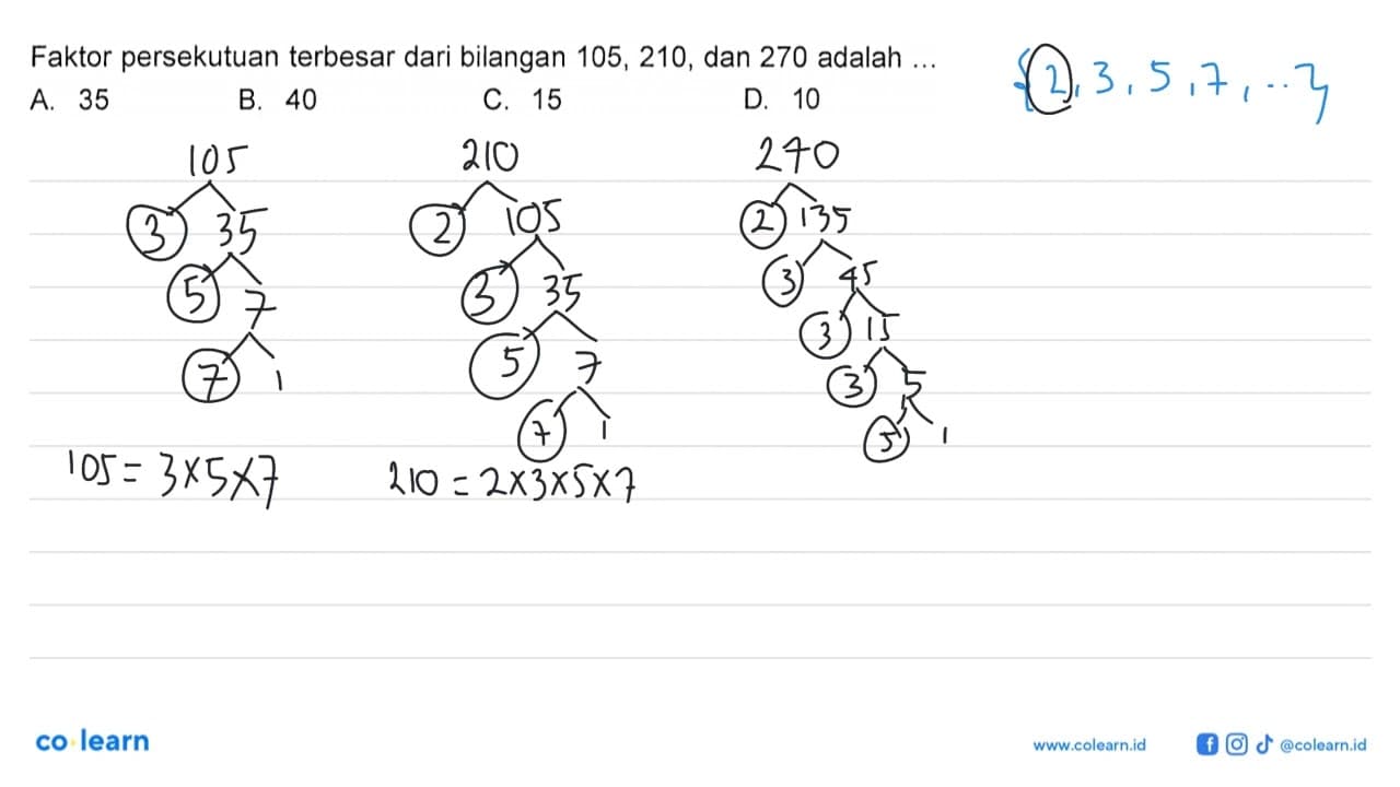 Faktor persekutuan terbesar dari bilangan 105, 210, dan 270