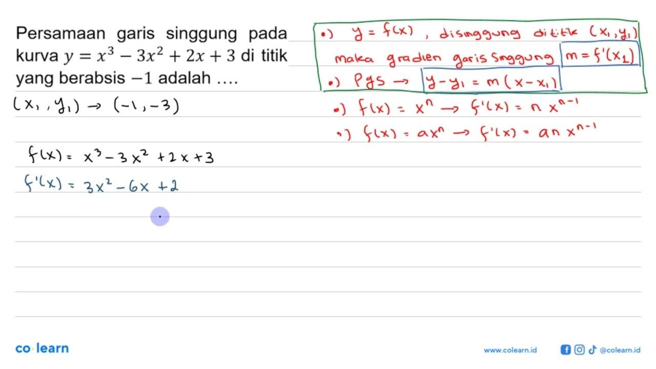 Persamaan garis singgung pada kurva y=x^3-3x^2+2 x+3 di