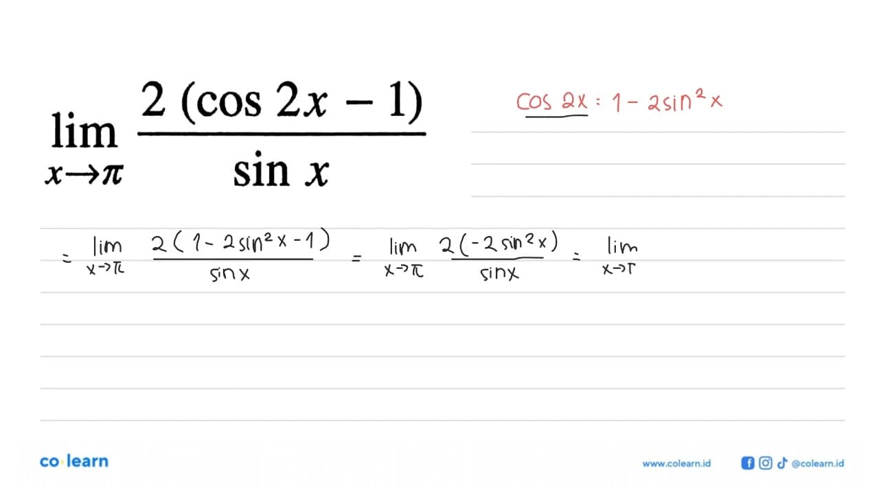 limit x->phi (2(cos (2x) - 1))/(sin x)