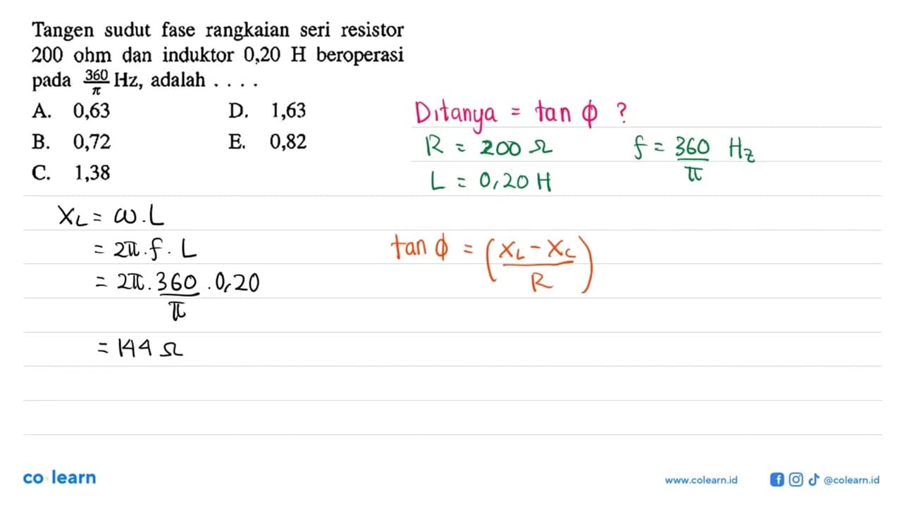 Tangen sudut fase rangkaian seri resistor 200 ohm dan