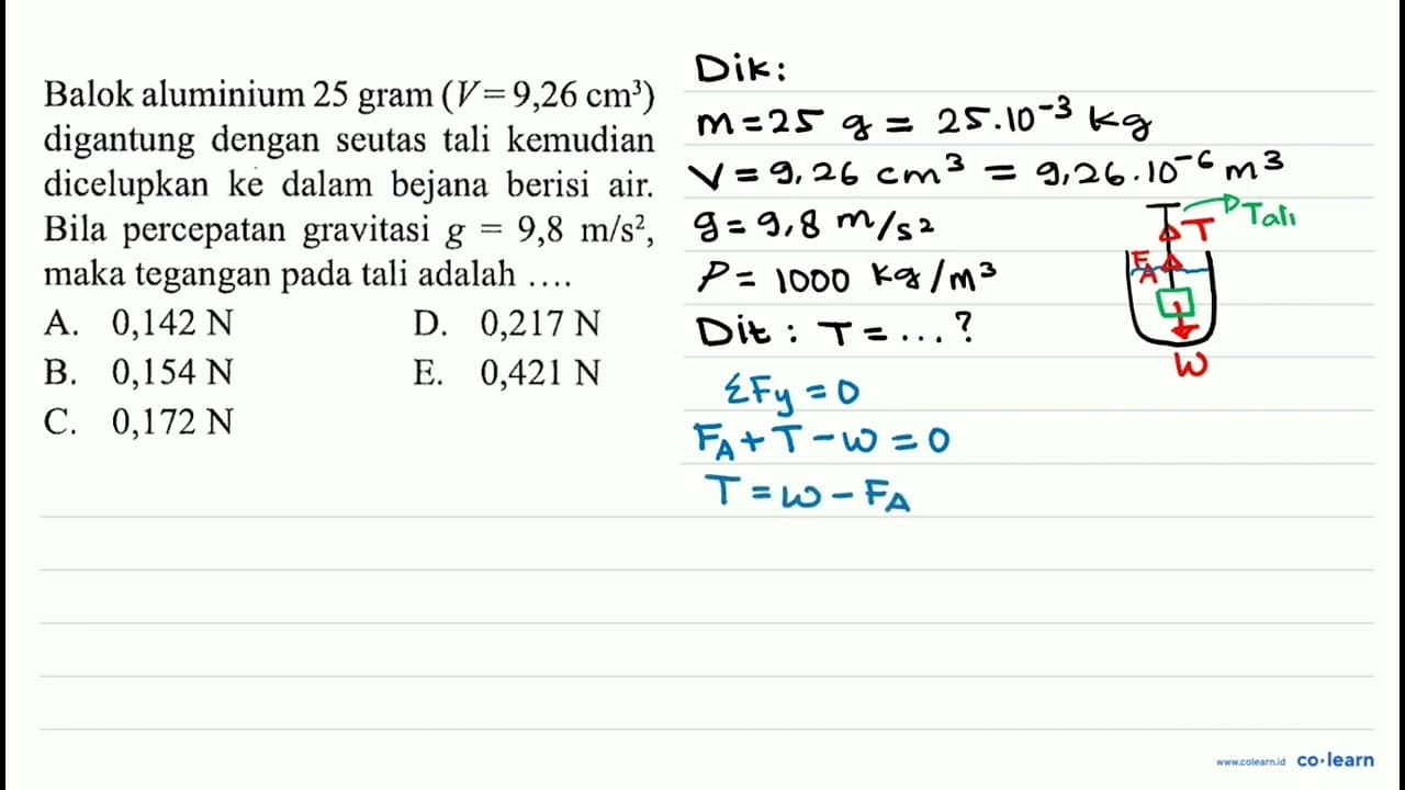 Balok aluminium 25 gram (V=9,26 cm^3) digantung dengan