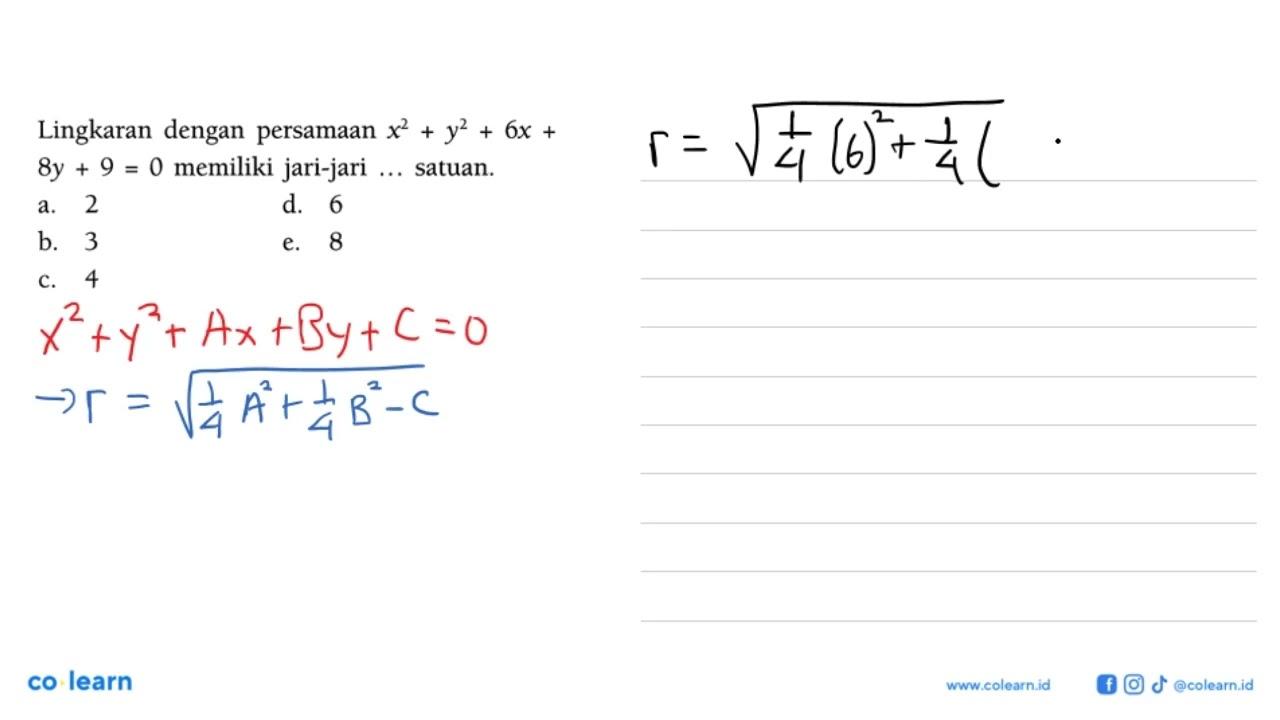 Lingkaran dengan persamaan x^2+y^2+6 x+ 8 y+9=0 memiliki