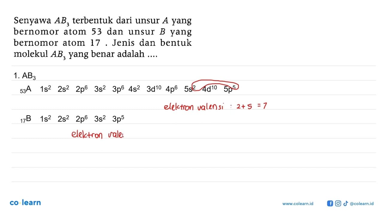 Senyawa AB3 terbentuk dari unsur A yang bernomor atom 53