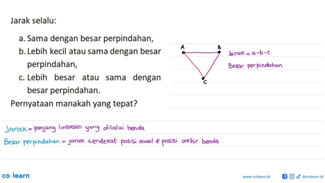 Jarak selalu: a. Sama dengan besar perpindahan, b. Lebih