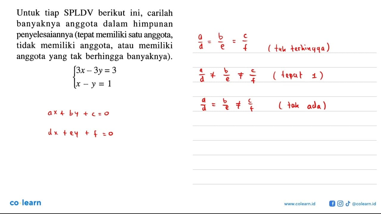 Untuk tiap SPLDV berikut ini, carilah banyaknya anggota