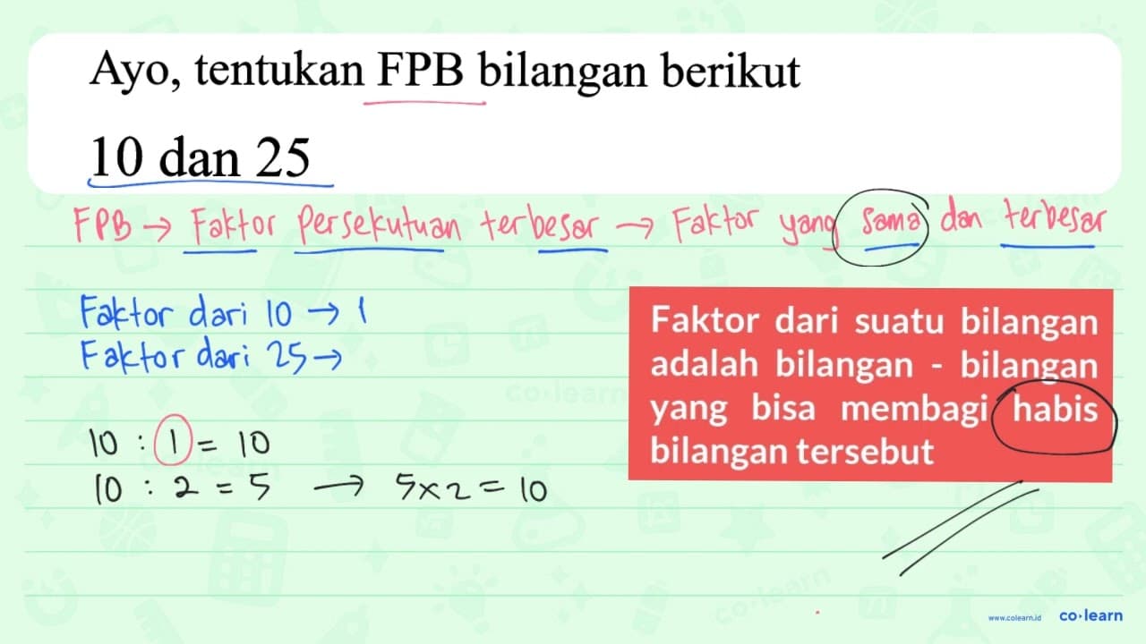 Ayo, tentukan FPB bilangan berikut 10 dan 25