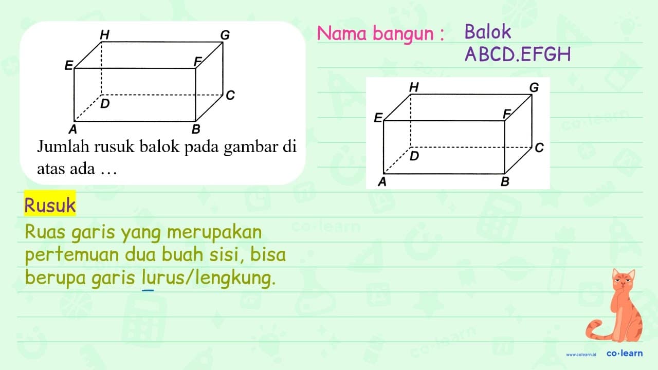 A B C D E F G H Jumlah rusuk balok pada gambar di atas ada