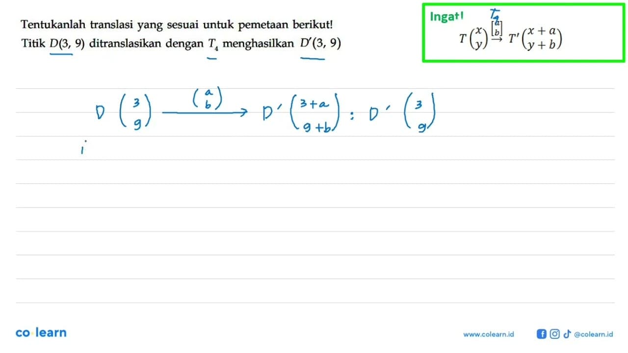 Tentukanlah translasi yang sesuai untuk pemetaan berikut!