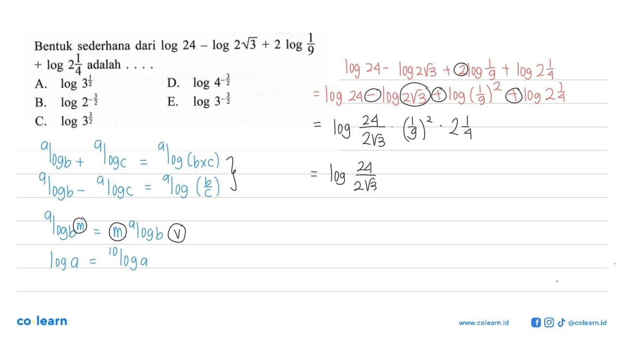 Bentuk sederhana dari log24-log2 akar(3)+2 log(1/9)+log(2