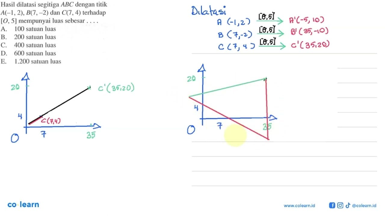 Hasil dilatasi segitiga ABC dengan titik A(-1, 2) , B(7,